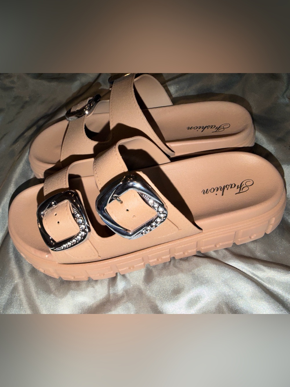Women's Chunky Buckle Slide Sandals in Nude size 7